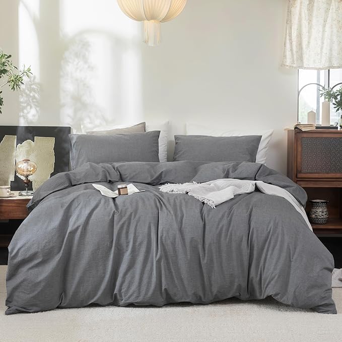 FOSSA Duvet Cover Set 100% Washed Cotton Linen Feel Super Soft Breathable Cozy 3 Pieces Bedding Sets Solid Dark Grey Super King Plus