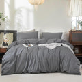 FOSSA Duvet Cover Set 100% Washed Cotton Linen Feel Super Soft Breathable Cozy 3 Pieces Bedding Sets Solid Dark Grey Super King Plus