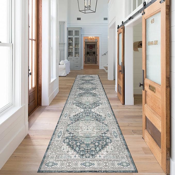 Washable Runner Hallway Rug,Low Pile 2x10 Non Slip Non-Shedding Kitchen Carpet Soft Indoor Stain Resistant Rug for Bedroom Laundry Room Bathroom Blue Beige Multi