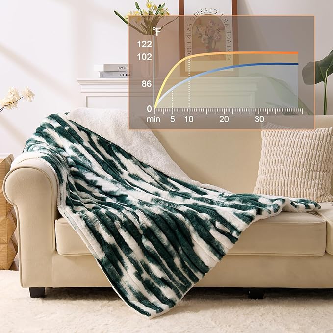 Heated Blanket Queen - 84"x90" Dual Control Bed Electric Blankets with 6 Heating Levels & 10 Hours Auto Off, Soft Ribbed Faux Fur Sherpa, Over-Heated Protection ETL, Dark Green