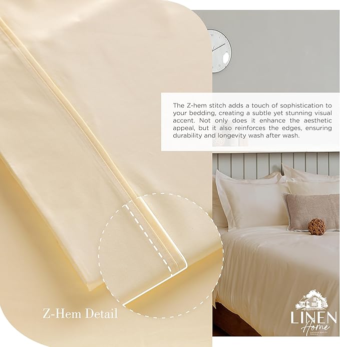 Linen Home 100% Cotton Percale Sheets Queen Size, Ivory, Deep Pocket, 4 Pieces Set - 1 Flat, 1 Deep Pocket Fitted Sheet and 2 Pillowcases, Crisp Cool and Strong Bed Linen