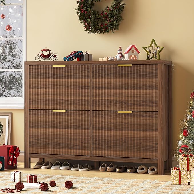 Shoe Cabinet Storage for Entryway, Fluted Shoe Cabinet with 4 Flip Drawers, Hidden Shoe Rack Freestanding Wooden Shoe Organizer with Legs for Hallway, Walnut