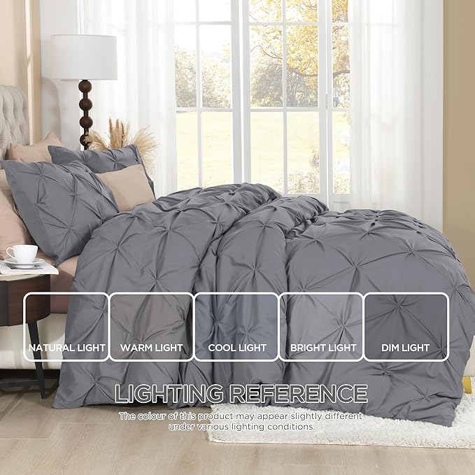 Litanika Dark Grey California King Pinch Pleat Duvet Cover, 3 Pieces Pintuck Cover Soft Microfiber Bedding Set with Zipper Closure & Corner Ties(1 Duvet Cover, 2 Pillowcases)