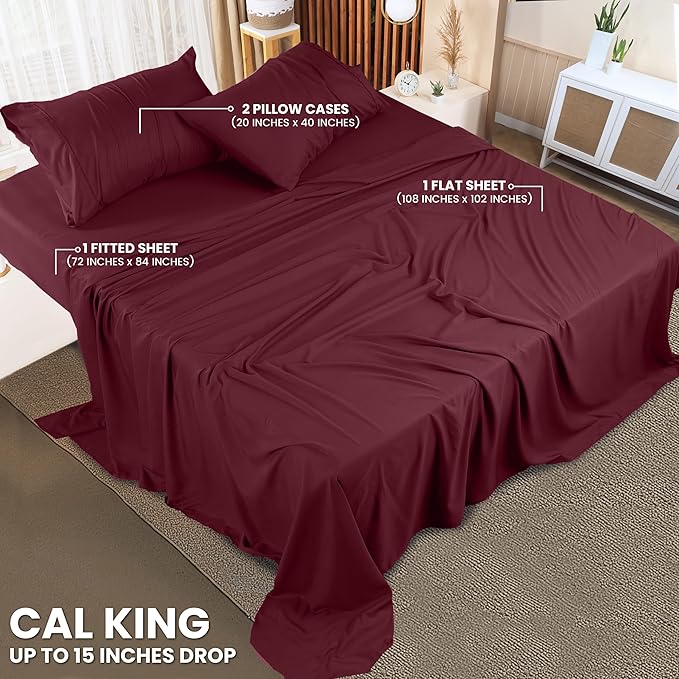 Utopia Bedding California King Sheet Set – 4 Piece Bed Sheets for Cal King Size Bed, Soft and Breathable Microfiber, Includes 1 Fitted Sheet, 1 Flat Sheet and 2 Pillowcases (Burgundy)