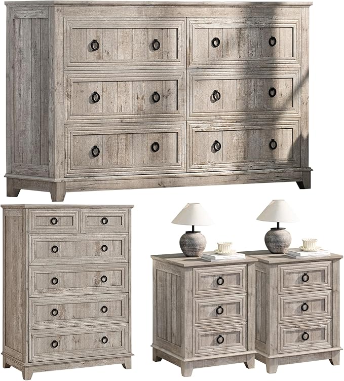 Bedroom Dresser and Nightstand Sets 4 Piece, Farmhouse 6 Drawers Dresser & 40.5" Tall Chest of Drawers, 18" Nightstands Set of 2, 54" Wide Furniture Dressers for Bedroom, Living Room, Grey