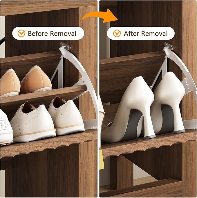 Shoe Cabinet Storage for Entryway, Fluted Shoe Cabinet with 3 Flip Drawers, Hidden Shoe Rack Tall Freestanding Shoe Organizer with Legs for Hallway, Walnut