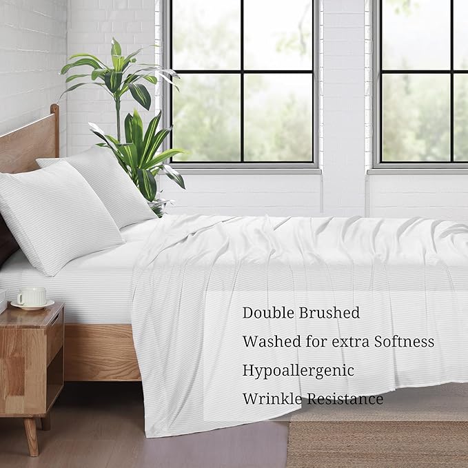 Casa Platino Twin Sheets, Pre-Washed Soft & Breathable Bed Sheets Set, 3 Piece Set, Brushed Cozy Microfiber Bedding, Fade Resistant, Deep Pocket Sheets – Ticking Stripe Silver