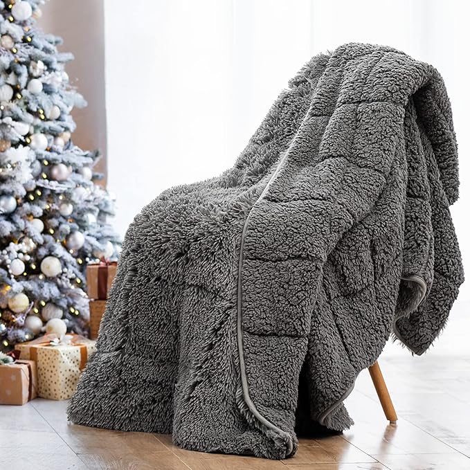 Wemore Shaggy Long Fur Faux Fur Weighted Blanket, Cozy and Fluffy Plush Sherpa Long Hair Blanket for Adult 20lbs, Fluffy Fuzzy Sherpa Reverse Heavy Blanket for Bed, Couch, Grey, 60 x 80 Inches