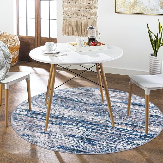 6' Round Rug Washable Rug for Entryway, Navy Blue Gray Neutral Multi Soft Non-Slip Area Rugs Modern Abstract Low-Pile Carpet, Neutral Vintage Circle Rugs for Living Room Dining Bedroom Foyer