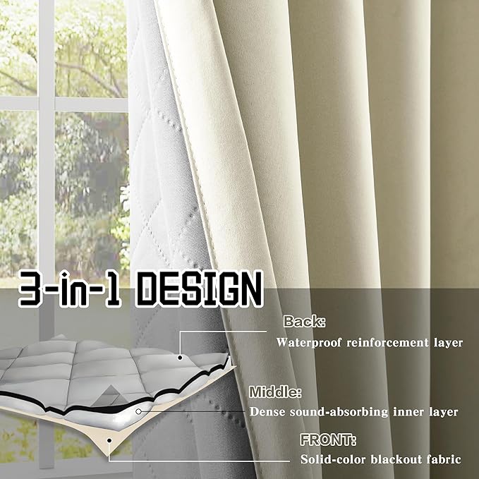 Beige Blackout Soundproof Curtains Thermal Insulation Drapes with 3-in-1 Layer Light Blocking Heat Insulating for Bedroom Living Room (1 Panel, Beige, 50" x 120")