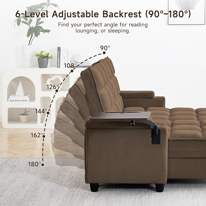 70.9" Chaise Lounge Chair Indoor, Oversized Boucle Upholstered Sofa Bed, Adjustable Backrest Deep Seat Reading Chair, Sofas Couches for Living Room with Storage, Cup Holders & 360° Swivel Side Table