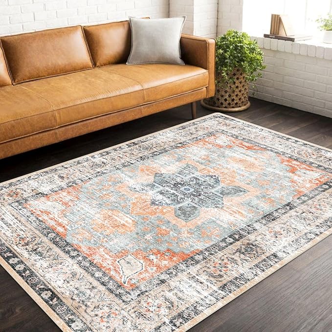 6x9 Area Rug, Ultra-Soft Washable Rug for Living Room, Dinner Room, Bedroom, Non-Slip Vintage Floral Rug, Indoor Carpet Large Area Rug, Orange