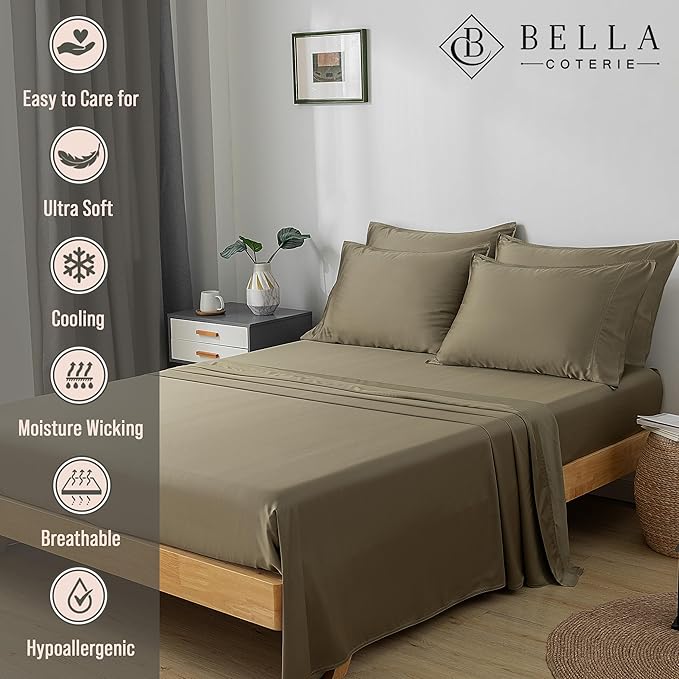 Bella Coterie 6 Piece Luxury Bamboo Viscose King Size Sheet Set | 100% Organically Grown | Cooling for Hot Sleepers | 18" Deep Pocket | Soft & Hypoallergenic | 4 Pillowcases [Olive]