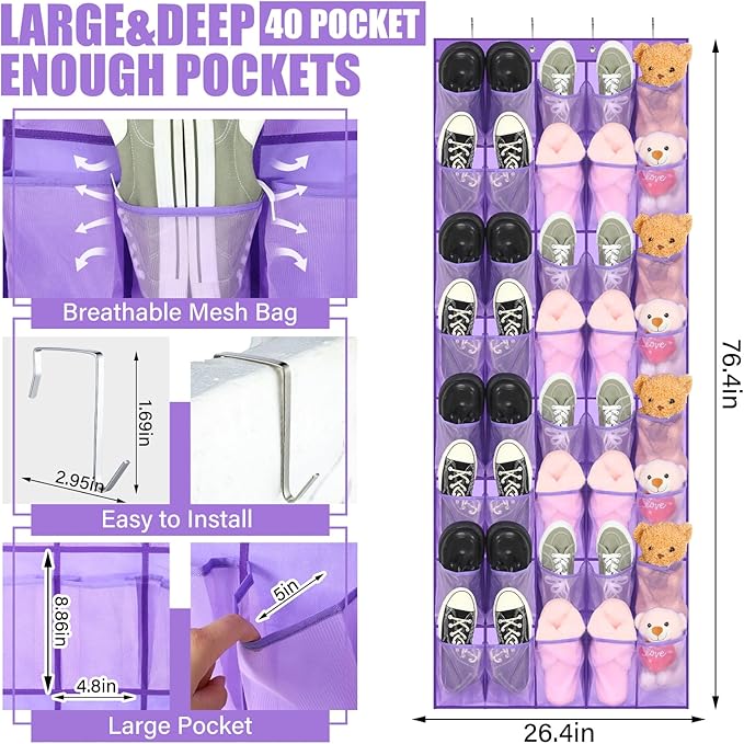 Windyun 40 Large over the Door Hanging Shoe Organizer Purple Mesh Pockets Shoe Rack for Closet Behind Door Hanger Storage Holder Nonslip for Cruise Essentials, Dorm Room Storage, Utility Room