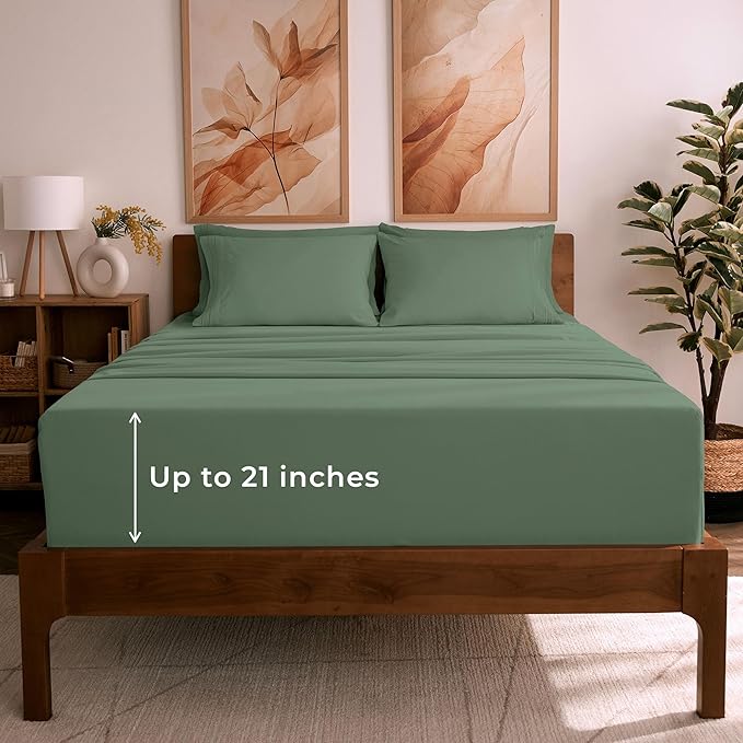 Mellanni King Sheet Set - 6-Piece Iconic Collection Bedding, (Including 4 Pillowcases), 21-Inch Extra Deep Pocket, Easy Care, Ultra Soft, Cooling Sheets, Brushed Microfiber - Sage