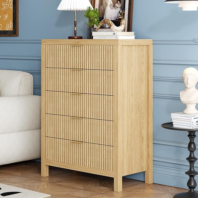 5 Drawer Dresser, 43" Tall Dresser Organizer TV Drawer Cabinet Modern Wood Storage Cabinet, Modern Wood Storage Cabinet for Bedroom, Hallway, Entryway, Natural X 2