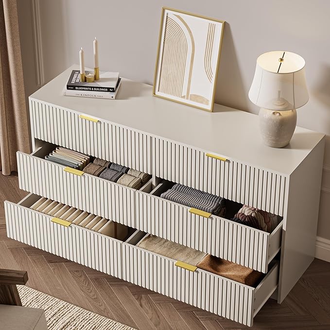6 Drawer Dresser for Bedroom, 55" Wide Modern Chest of Drawers with Gold Metal Handles, Fluted Wood TV Stand for Living Room, Hallway(Beige)