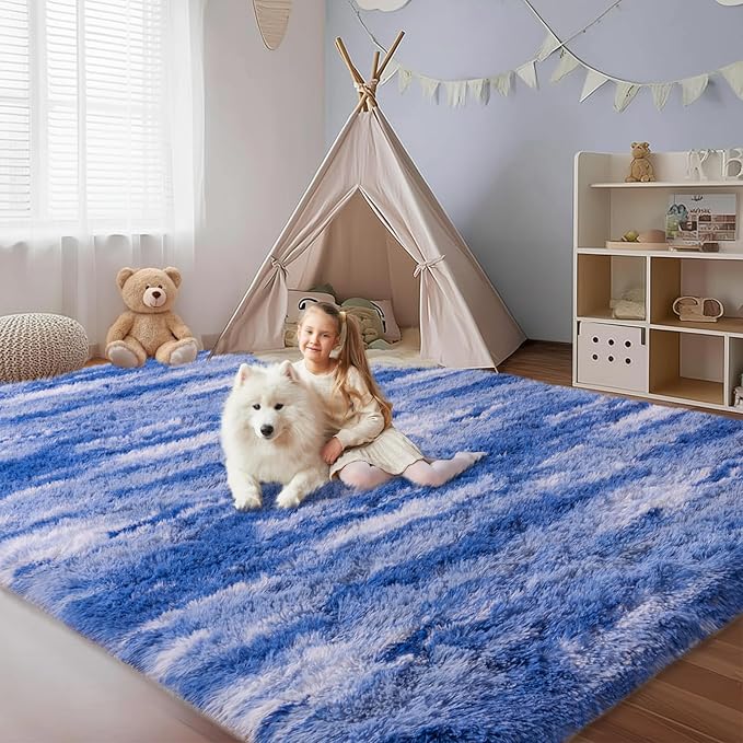 Fluffy Rugs for Bedroom Living Room, 4x6 Feet Abstract Blue Shag Area Rugs, Non-Slip Indoor Modern Fuzzy Plush Floor Carpet for Dorm Nursery Kids Room Decor, Soft Shaggy Throw Rug