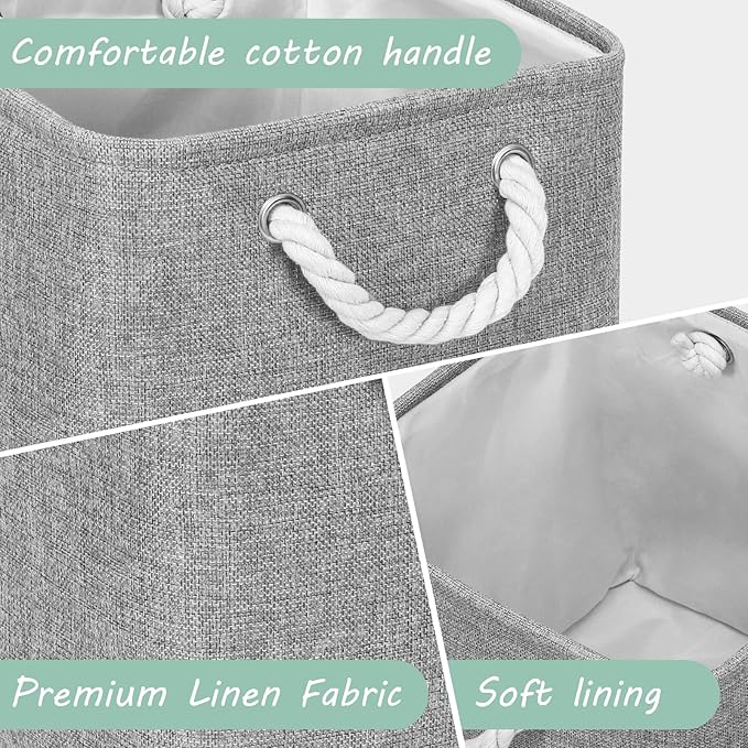 Large 11x11 Inch Cube Storage Bins with Cotton Handles for Closet, Shelves, Clothes, Towel (Gray-6 Pack)