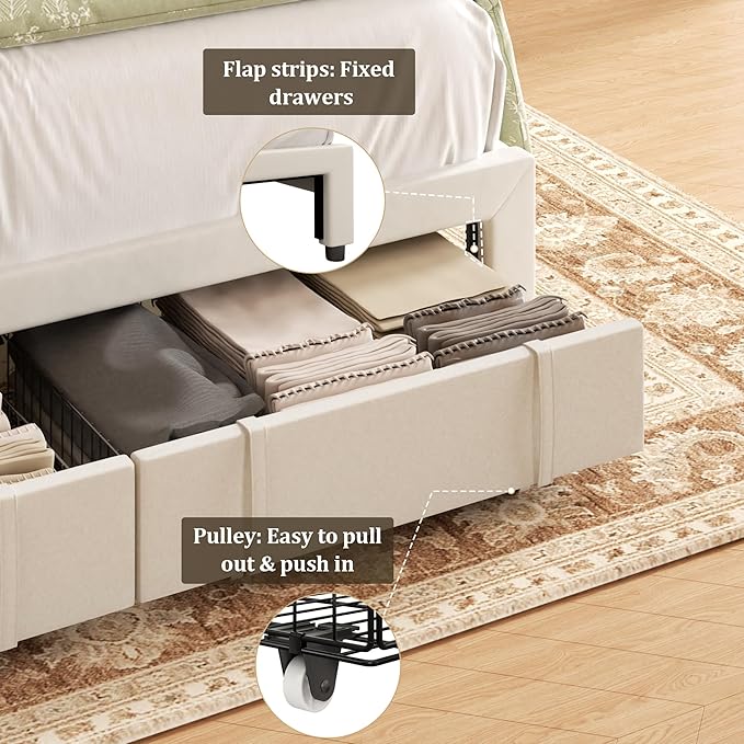 Full Bed Frame with Storage Drawers, Upholstered Full Size Platform Bed with 47" Tall Headboard and Wingboard, No Box Spring Needed, Noise Free, Easy Assembly, Wooden Support Slats, Beige
