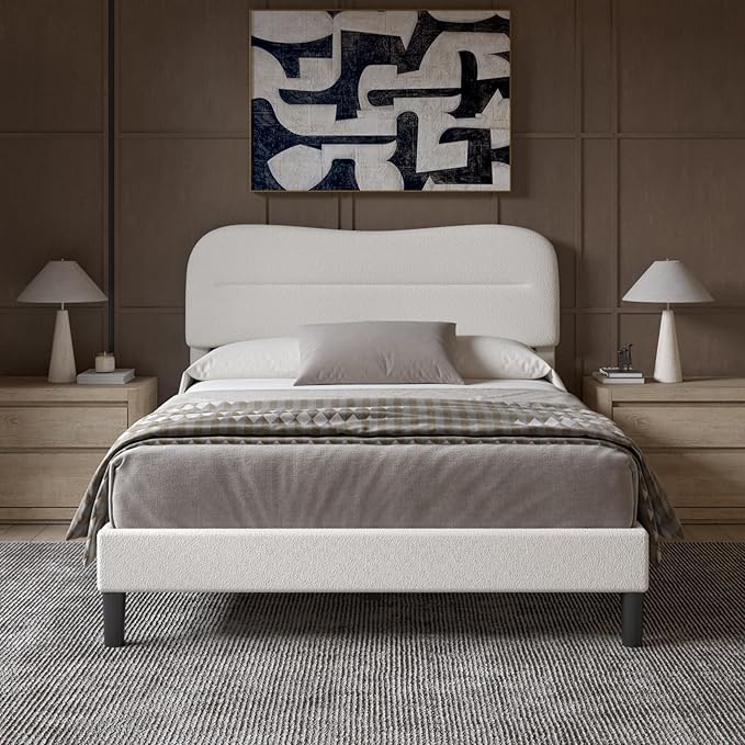 Full Size Bed Frame with Headboard, Teddy Soft Boucle Fabric Bed Frame Full, Soft Cloud Marshmallow Shape Upholstered Headboard, No Box Spring Needed, Noise Free (White)