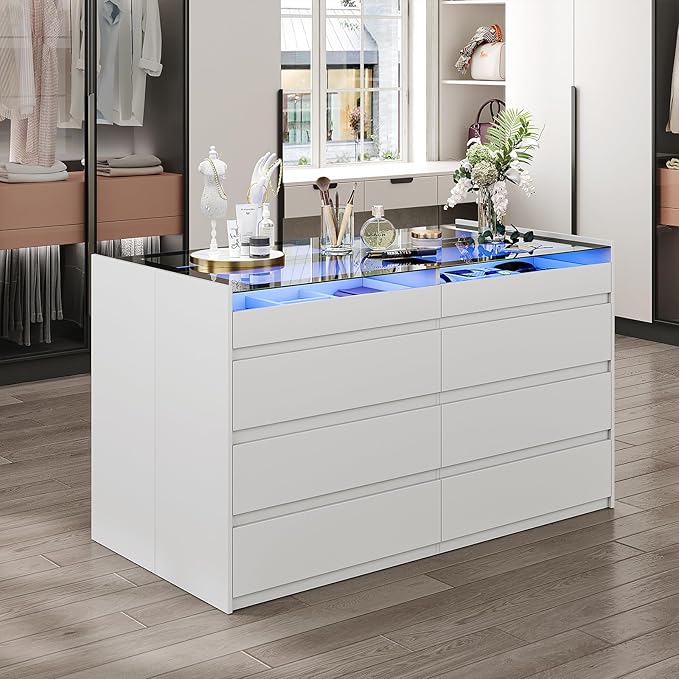 White Dresser for Bedroom Set of 2, 8 Drawer Dresser with Glass Top and LED Light, Modern Chest of Drawers, Jewelry Dressers Display, Dressers Organizer for Bedroom, Closet, Living Room