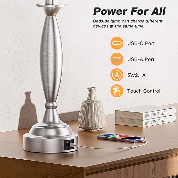 White Lamps for Bedrooms Set of 2 - Touch Control Bedside Lamp with USB C+A, 3 Way Dimmable Nightstand Lamps with USB Port, Table Lamp for Living Room(White Shade and Nickel Base)