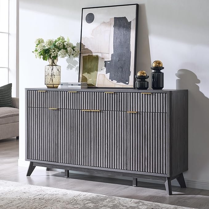 T4TREAM Large Buffet Sideboard Cabinet with Storages, 60" Fluted Modern Buffet Table Coffee Bar Wine Bar Storage Cabinet with 3 Drawers & 4 Doors for Dining Room, Living Room, Hallway(Dark Alder)