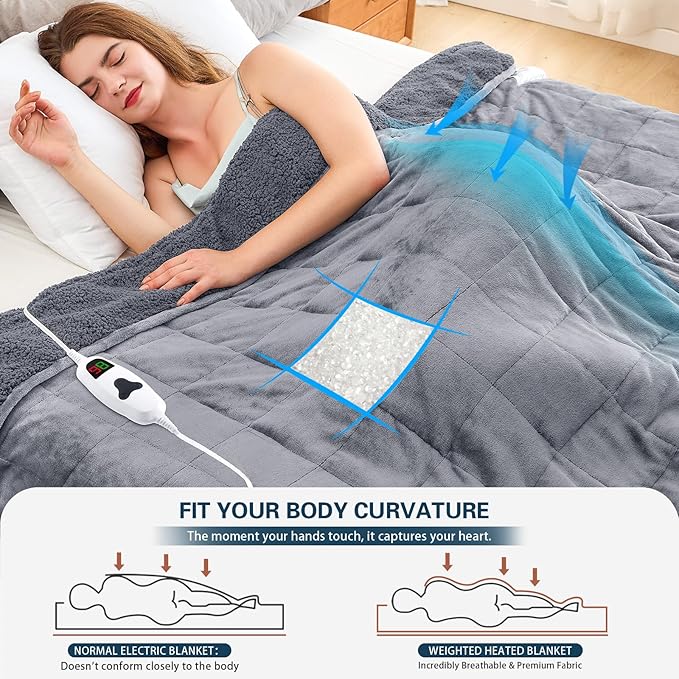 CYMULA Heated Weighted Blanket for Adults, Weighted Heated Blanket 48" x 72", 15lbs Sherpa Fleece Weighted Electric Blanket Soft Heating Blanket with 10 Heating Levels & 1-8 Hours Auto Off, Light Gray