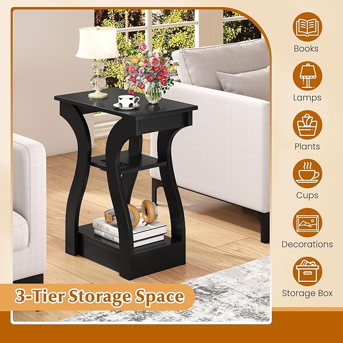 Giantex Narrow End Tables with Charging Station Set of 2, Wood Sofa Side Tables with Open Storage Shelves, Bedside Tables with USB Ports & Outlets, Modern Nightstands for Living Room, Bedroom, Black