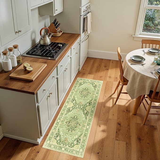 Area Rugs 2'x5' Washable Non-Slip, Floral Vintage Distress Print Pattern Medallion Carpet for Living Room Bedroom Dining Room, Sage Green Yellow