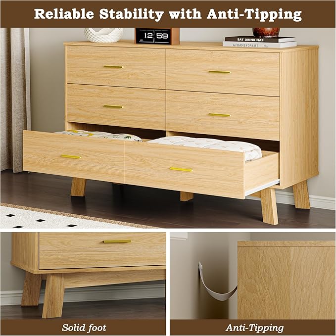 Dresser for Bedroom with 6-Drawer, 47.2" Modern Chest of Drawers with Metal Handles, X-Shape Base & Adjustable Center Leg, Anti-Tip Closet Organizers and Storage