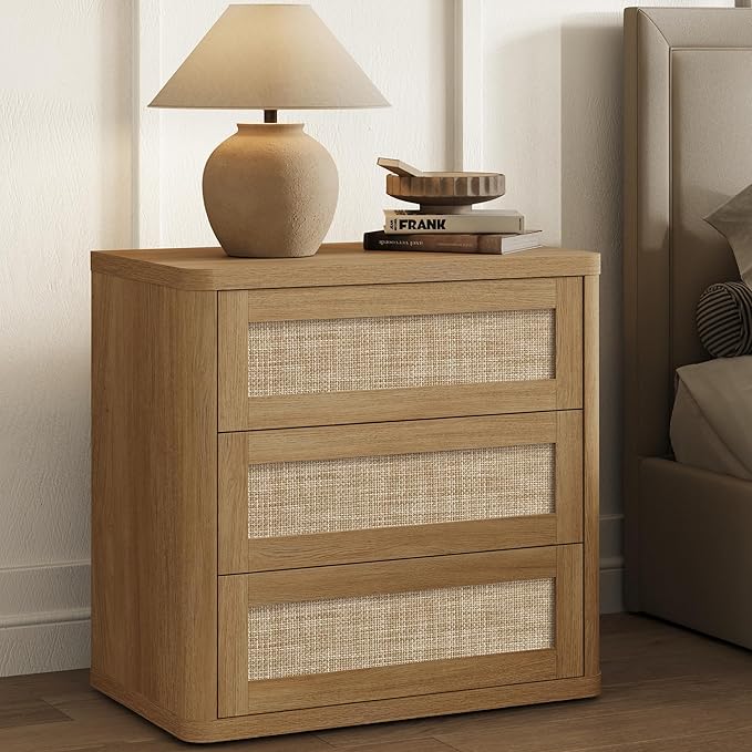 SICOTAS 26.8" Oversized Night Stand for Bedroom & Guest Room, Large 3-Drawer Rattan Nightstand, Boho Bedside Table End Table Storage Cabinet with Kid-Safe Rounded Edges & Push-Close Design, Amber Oak