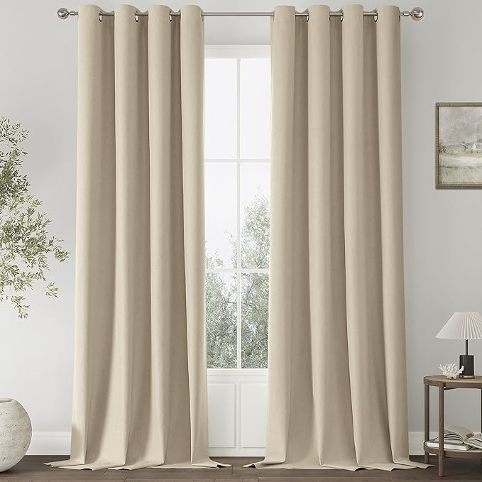 ChrisDowa 100% Blackout Natural Solid Solid Curtains 120 Inches Long 2 Panels for Bedroom Living Room,Farmhouse Room Darkening Thermal Insulated Soundproof Grommet Top Window Treatment Drapes,52x120