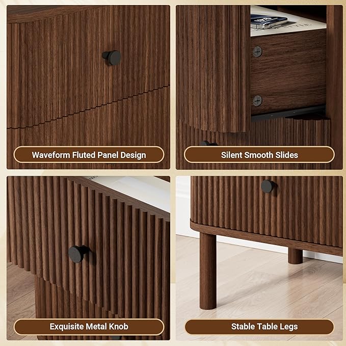 Night Stand Set of 2 with Charging Station, 24" Large Fluted Nightstand with Rounded Corners & Solid Wood Legs, 2 Drawers Mid Century Modern Bedside Table for Bedroom, Walnut