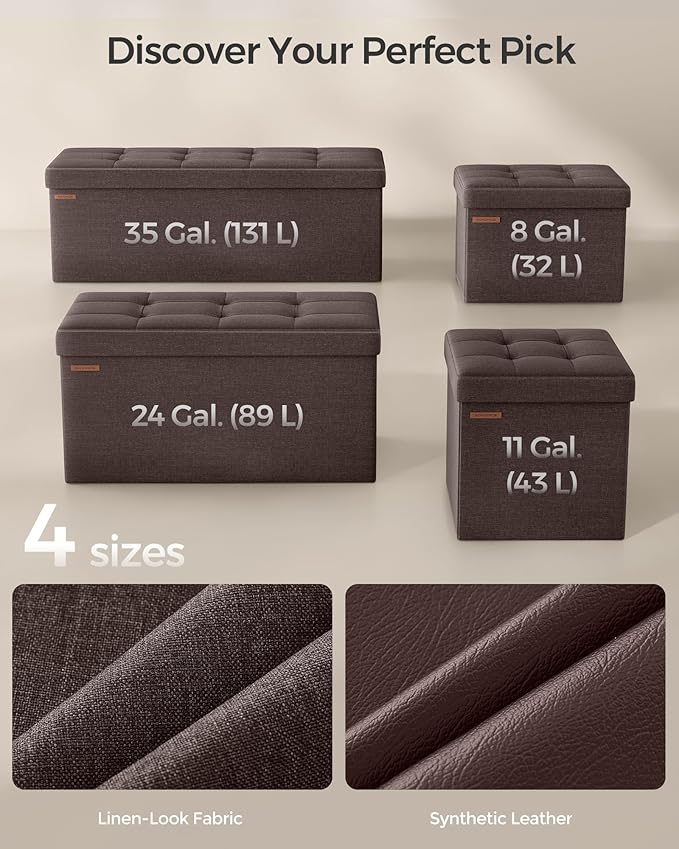 SONGMICS MAZIE Collection - 43 Inches Folding Storage Ottoman Bench, Ottoman Foot Rest, End of Bed Bench, Storage Chest, Load 660 lb, for Living Room, Bedroom, Entryway, Brown ULSF77BR