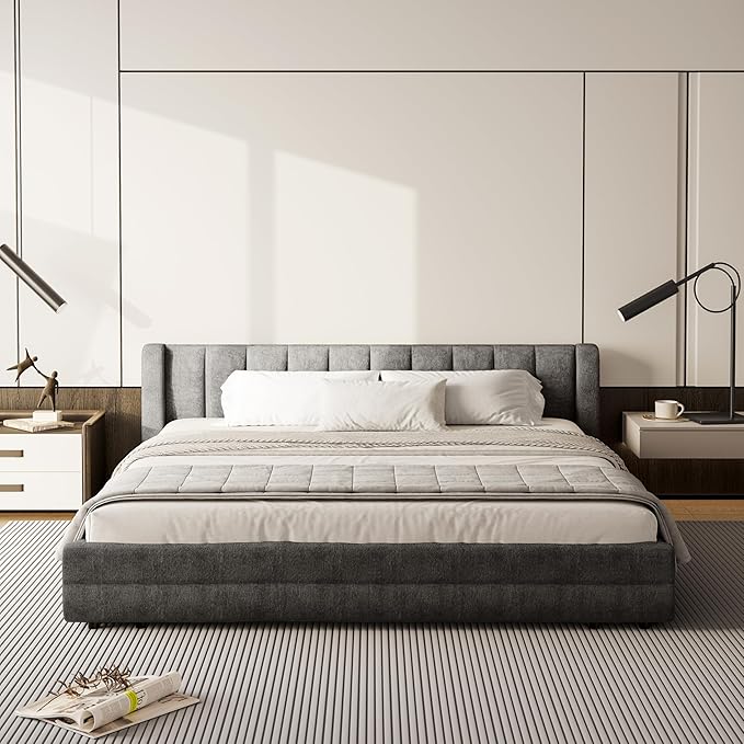 DEINPPA King Size Bed Frame with 4 Storage Drawers and Cloud Soft Headboard, Chenille Upholstered Grounded Wood Base Bed Frame, No Box Spring Needed-Dark Grey