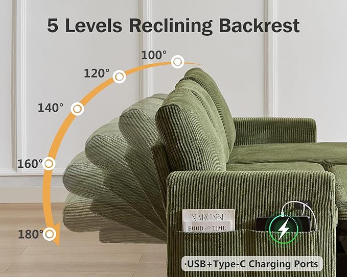 Vipbear 80" Sectional Sleeper Sofa Bed with Pull Out Bed, L Shaped Couch Pull Out Couch with Reclining Backrest, Reversible Storage Chaise, USB Ports, Tool-Free Assembly, Corduroy Olive Green