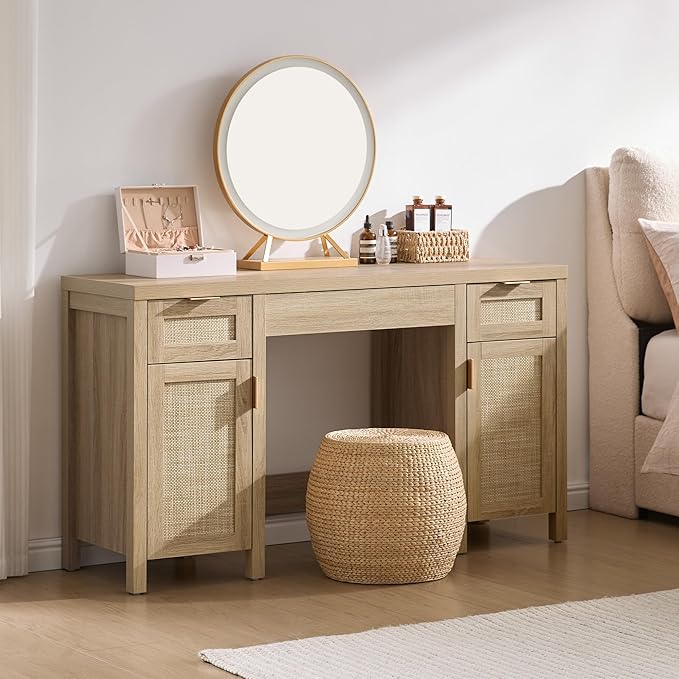 SICOTAS 2 Pieces Rattan Vanity Home Office Desk - Big Boho Makeup Vanities Benches with Drawers & Storage Cabinets, Dressing Vanity Table for Makeup Room, Bedroom, Home Office, Light Oak