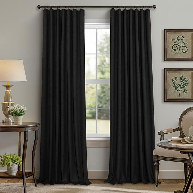 Black Curtains 84 Inches Long for Bedroom 2 Panel Set Linen Textured Total Blackout Thermal Insulated Darkening Dark Curtains Black Out Shades for Living Room Floor Length Window Drape Back Tab Pocket