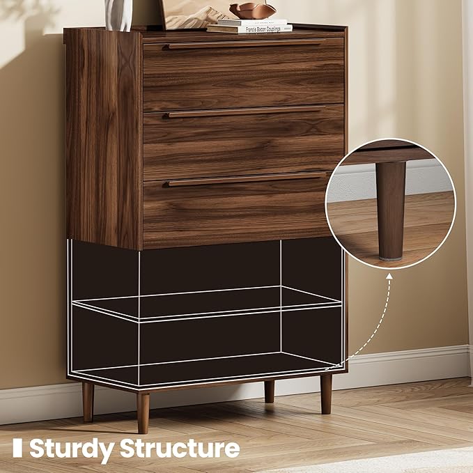 48" Tall Walnut Dresser for Bedroom, Mid-Century Modern 5 Drawer Chest of Drawers with Natural Wood Grain, Slim Vertical Storage Cabinet with Raised Edge Top, Anti-Tip Kit