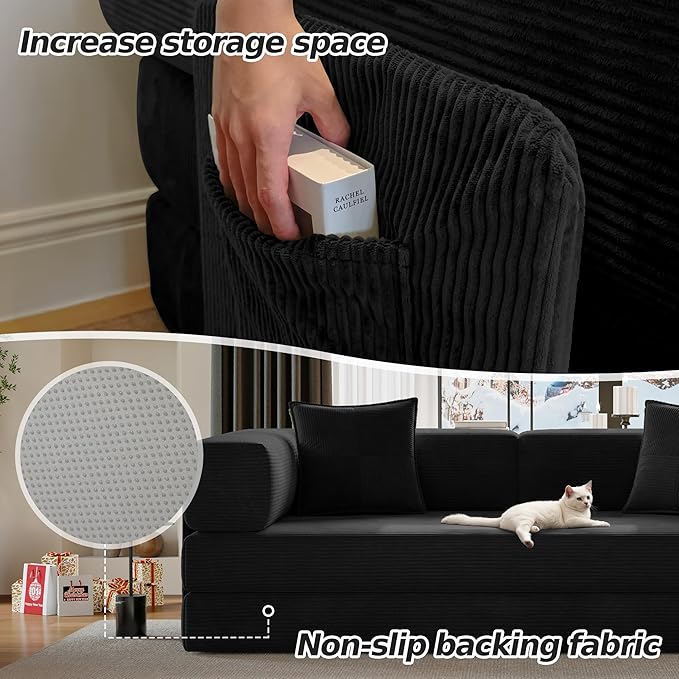 78.8" Convertible Sofa Bed,Corduroy Futon Couch with Storage Pocket,Folding Pull Out Futon Sofa, No Assembly Boneless Couch for Living Room,Black