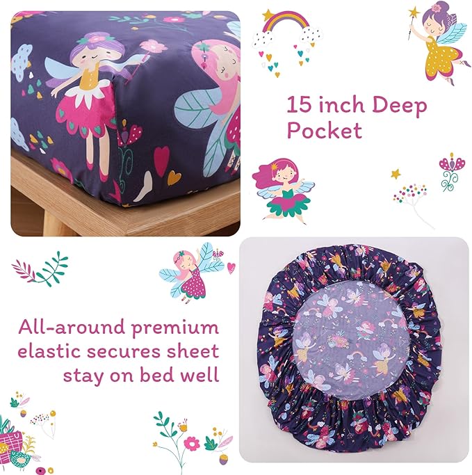JSD Purple Fairy Kids Sheet Set Full Size, 4 Piece Girls Floral Printed Microfiber Sheets Deep Pocket