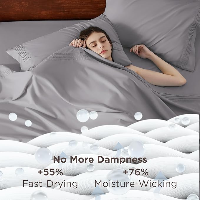 Bedsure Deep Pocket King Sheet Set - Fits Mattresses Up to 21 Inches Thick - 4 Piece GentleSoft Bed Sheets, Moisture Wicking, Soft & Cooling Bedsheet & Pillowcases, Easy & Secure Fit, Light Grey