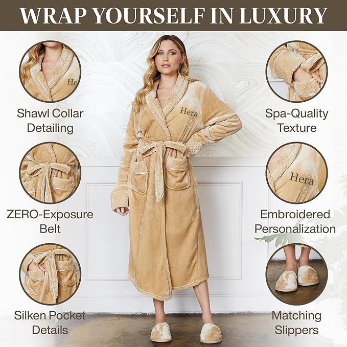 Lotus Linen Plush Robes for Women - Soft Bathrobe, Custom Monogram, Warm Fleece Robe with Pockets