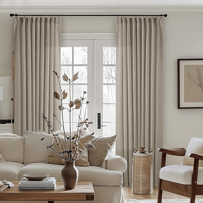 Extra Wide Curtains 90 Inches Long 60 Inch Width for Living Room Bedroom Light Filtering Semi Sheer Farmhouse Pleated Curtain Hooks Rings for Patio Sliding Door Large Window Burlywood Taupe 1 Panel