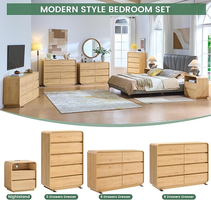 Chest of Dressers with 8 Drawers, 47’’ Wide Dresser with Anti-Tipping Device, Clothes Organizer for Bedroom, Natural Drawer Closet with Arc Design.