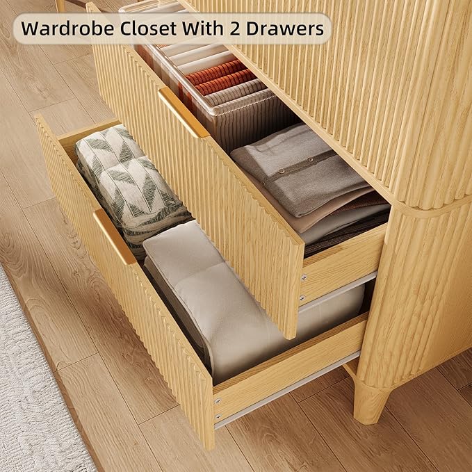 70.1" Arched Wooden Armoire Wardrobe Closet with 2 Doors and 2 Drawers,Fluted Bedroom Armoire with Hanging Rod Shelf,Wardrobe Armoire Closet Cabinet for Bedroom (Natural, 19.7)