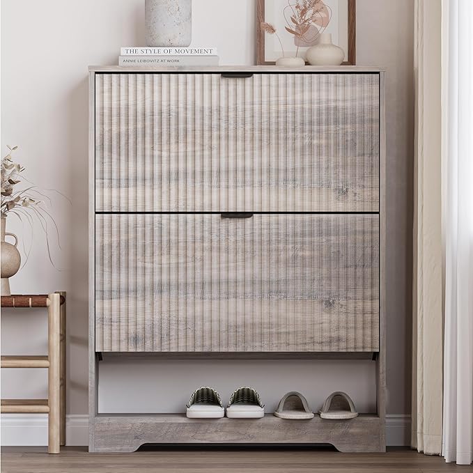 Shoe Cabinet with 2 Flip Drawers, Fluted Shoe Storage Cabinet with Adjustable Shelves, Freestanding Rack and Organizer for Entryway, Closet, Hallway