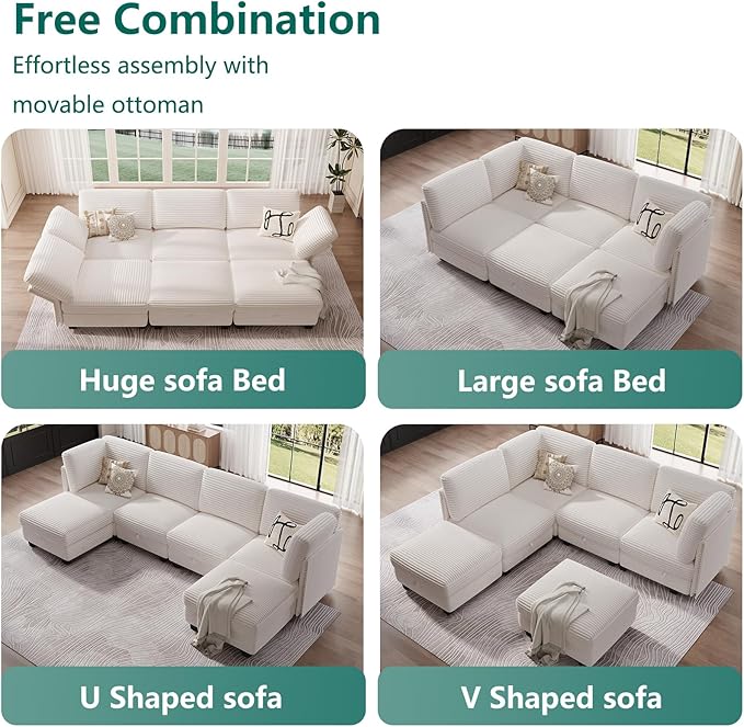 Modular Sectional Sofa with Adjustable Backrest, Convertible L/U-Shaped Sleeper Couch for Living Room, Cloud Sofa Bed Modern Reversible Design, White